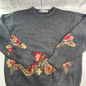JH Collectibles Vintage Women's Gray Floral Wool Rabbit Hair Sweater Large 90s